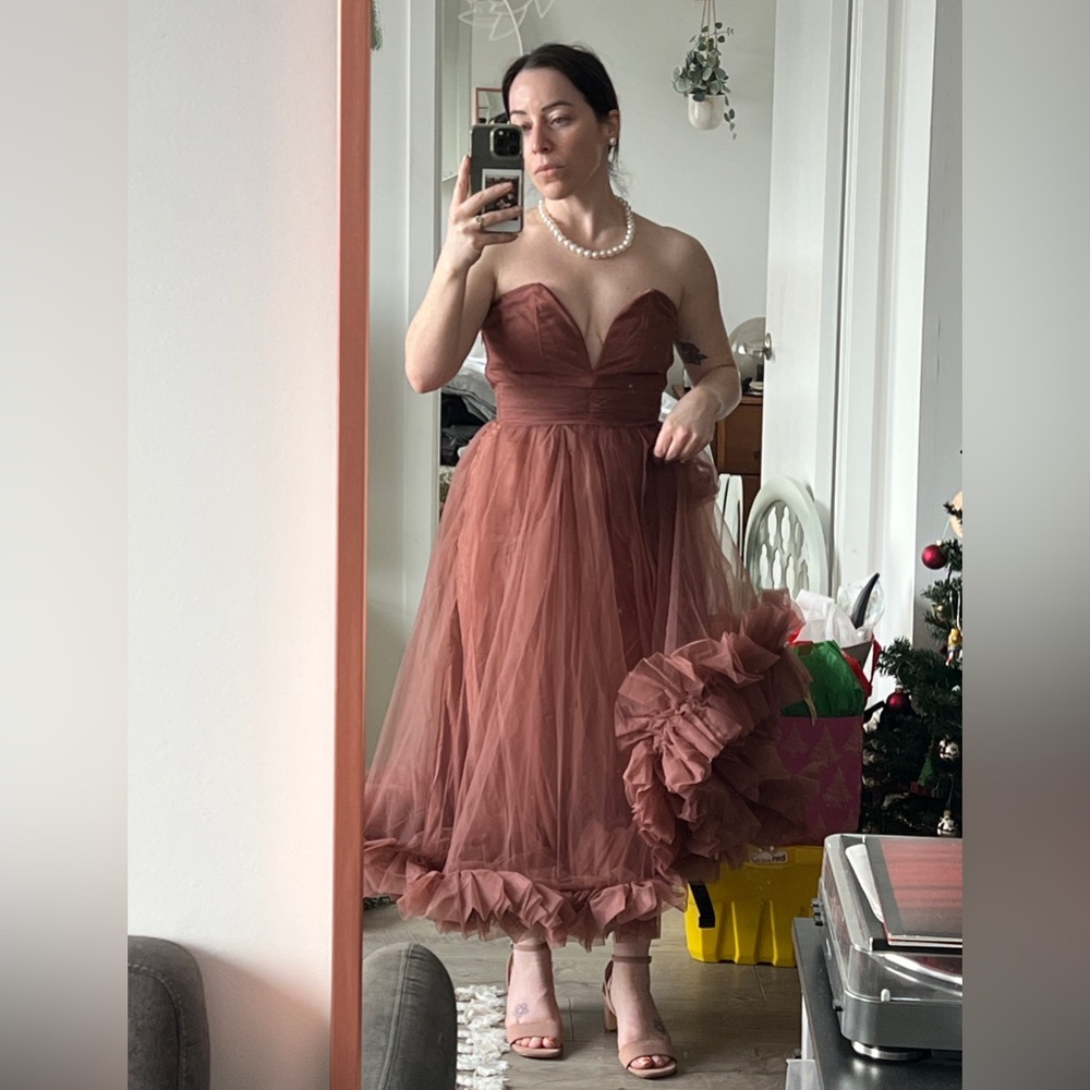 Lace & Beads Petite corset tulle ruffle hem midaxi dress in rose brown